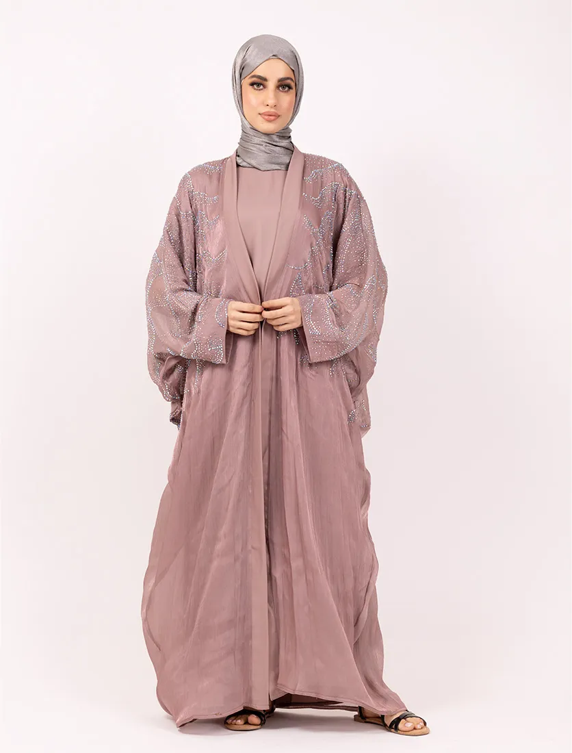 Pink Crystal Embellished Sheer Overlay Abaya